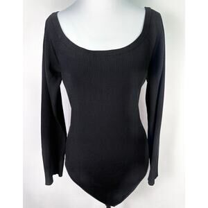 Good American Black Ribbed Long Sleeve Thong Bodysuit Size 7